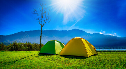 Yellow and green camping tent on grass near mountain river in morning the summer day.