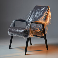 Modern armchair chair wrapped in plastic protective cover awaiting its place. new furniture concept for interior design on moving day suggesting anticipation and solitude
