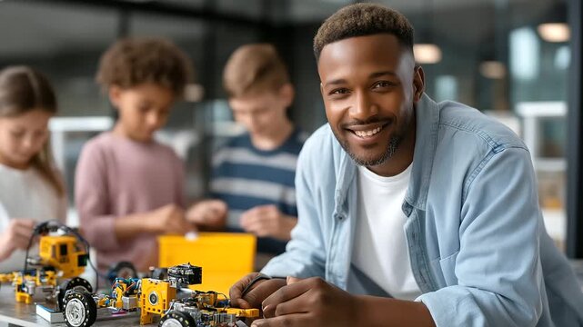 Faceless teacher and diverse student group collaborating on robotics project in modern workspace, assembling and programming robotic arms, STEM education teamwork, defocused lab, w
