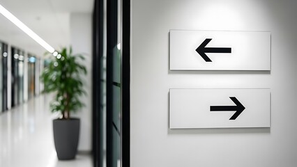 Directional Arrows Signage in Modern Office Corridor, Interior View, Minimalist Environment, Business Space Navigation Concept