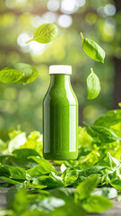 Surreal green smoothie bottle levitating among fresh leaf. This healthy eco product mockup creates vibrant and refreshing visual concept for natural wellness and diet