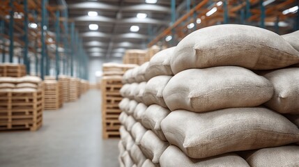 A stack of bags of grain in a warehouse. The bags are piled on top of each other, and the warehouse is very large