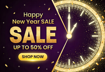 Happy new year sale poster with clock at twelve midnight and glitter for end of year discounts and special promotions up to 50 percent