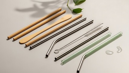 Sustainable drinking straw and cutlery collection featuring an assortment of eco-friendly bamboo, metal, and glass reusable alternatives for a mindful, zero-waste lifestyle