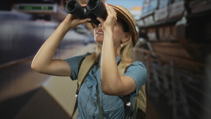 Woman explorer wearing straw hat and backpack looking through binoculars on cruise ship deck under...