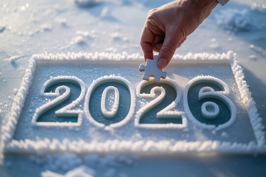 A hand placing a puzzle piece into the year 2026 written in snow - Powered by Adobe