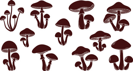 Minimalist Mushroom Silhouettes | Black & White Fungi Vector