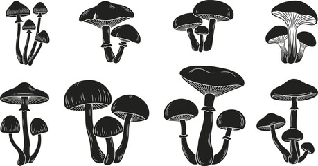 Minimalist Mushroom Silhouettes | Black & White Fungi Vector