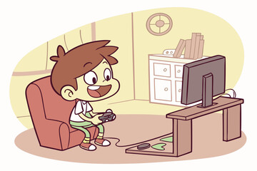 Vector illustration of a little boy character playing computer games. Ideal for gaming, kids' activities, or technology-related designs.