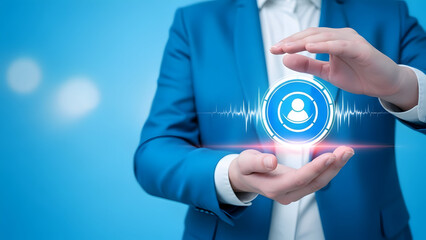 Businessman presenting a digital icon with a blue background and white graphics