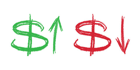 Hand drawn dollar currency symbol Growth and fall profit with arrow up and down Brush stroke doodle Element for design © Daria Shane
