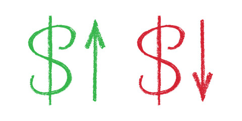 Hand drawn dollar currency symbol Growth and fall profit with arrow up and down Brush stroke doodle Element for design © Daria Shane