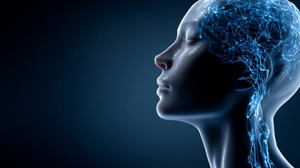 Figure facing digital hologram head faceless, glowing neural network pattern, dark blue neon lighting, artificial intelligence and human interaction, defocused background, with cop