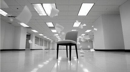 A minimalistic image of a single chair in the middle of an empty boardroom bathed in harsh fluorescent light, papers slightly fluttering due to air conditioning. The image captures