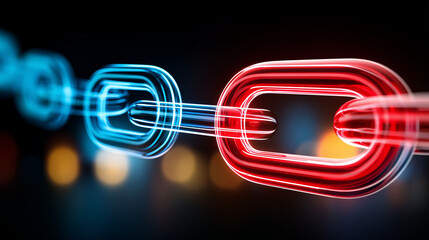 Glowing digital chain links in blue and red neon colors, dark background with bokeh effect, blockchain technology representation, secure connection, defocused lights, with copy spa