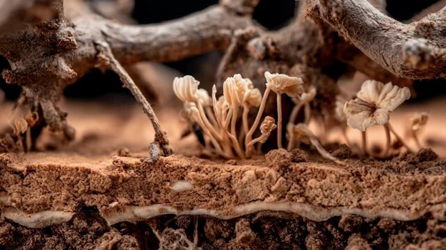 Medium shot of rich soil layers showing diverse fungi networks enhancing carbon storage for climate mitigation efforts.