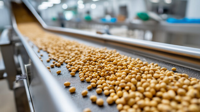 Clean soybeans moving on a stainless steel conveyor belt, food-grade processing environment, bright and hygienic atmosphere, evenly sorted soybeans, modern agricultural processing
