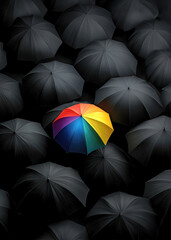 In the midst of a rainy evening, a bright rainbow umbrella captures attention, contrasting beautifully with numerous black umbrellas surrounding it. The scene is both artistic and uplifting.
