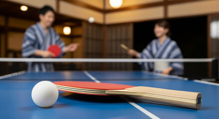 温泉旅館の卓球道具、日本の伝統的な文化とレジャーシーン
