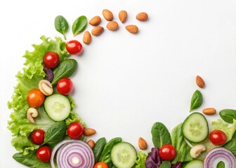 Green lettuce, cherry tomatoes, cucumber slices, red onion, almonds, cashews form word SALAD on white studio background. Fresh veggie food design promotes good nutrition, vegan diet, overall