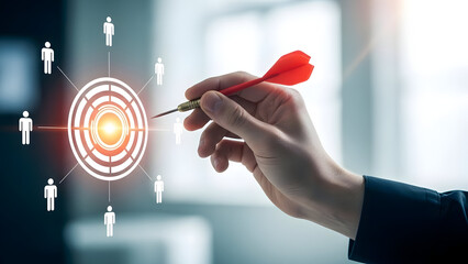Hand holding red dart hitting target with people icons around it in blurry background