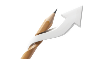 Wooden pencil with a white upward trending arrow wrapped around it, symbolizing growth, success, and progress isolated on transparent background