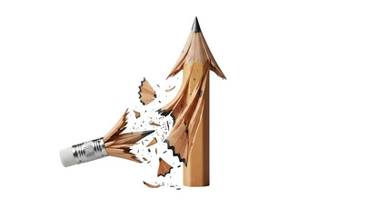 Sharpened wooden pencil transforming into an upward arrow shape with shavings flying off, isolated on transparent background