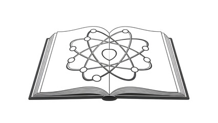 Outline of an open book with an atomic structure diagram inside, symbolizing science education and learning isolated on transparent background