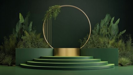 Green tiered podium with gold ring and foliage green podium