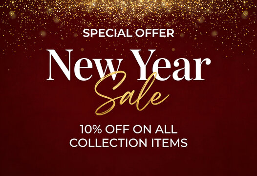 Special happy new year sale offer of 10% off on all collection items with gold dust on dark red backdrop for seasonal offer now.