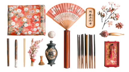Traditional winter Japanese items with ema prayer plaques arranged symmetrically on transparent background