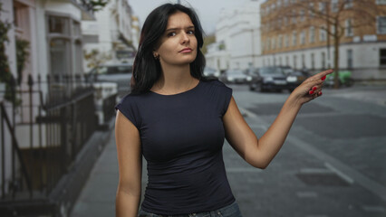 Hispanic woman with serious gaze pointing finger on street lined with buildings and parked cars; determination.