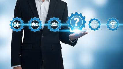 Businessman presenting a question mark icon among various gear settings