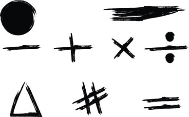 A collection of black mathematical and hash symbols on a white background