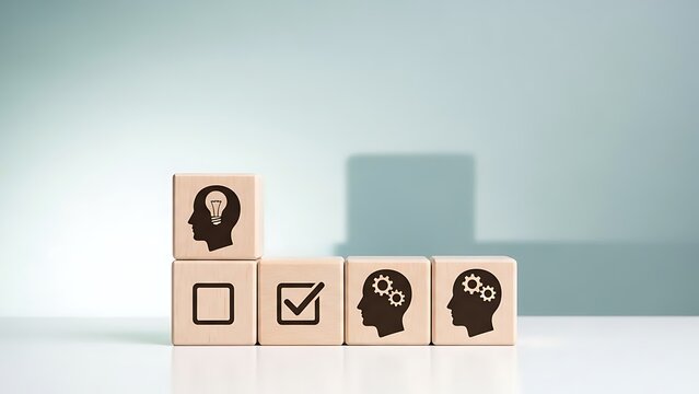 Four wooden blocks with icons representing different human head profiles and symbols on a white surface with a blurred background