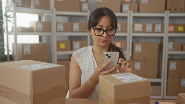 Young latina woman photographing shipping label with smartphone and holding package in building parcel office; small business focus.