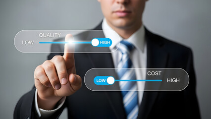 Businessman interacting with virtual interface on touchscreen technology