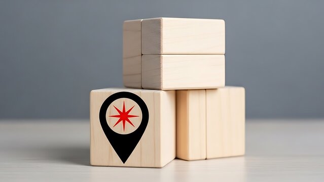 A stack of wooden blocks with a location pin icon on one block, symbolizing navigation and direction on a grey background