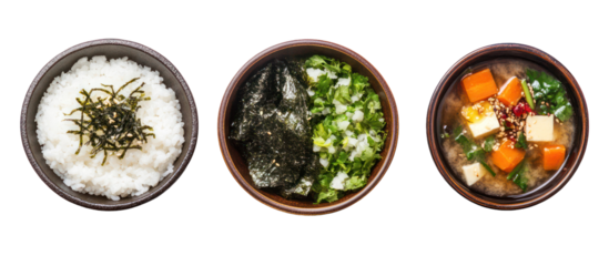 Weight-loss Japanese plates featuring grilled tofu and steamed greens on transparent background