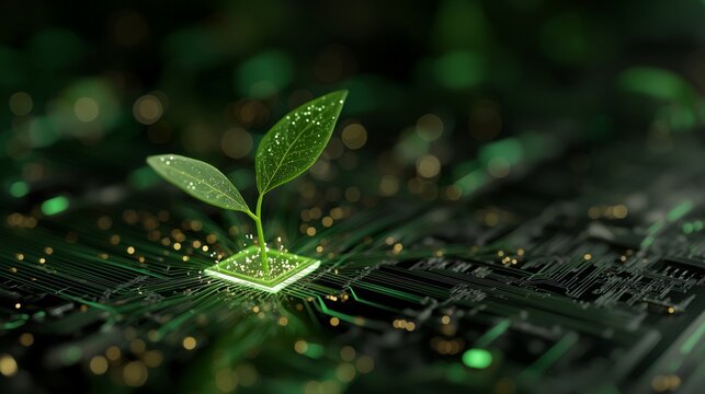 A green leaf is on top of a black computer chip. The leaf is glowing and surrounded by a glowing green background. Concept of technology and nature coming together in harmony