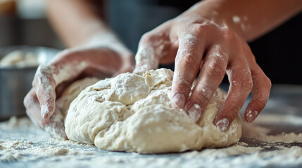 Baking bread dough being kneaded on a floured surface, hands on transparent background