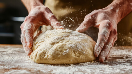 Baking bread dough being kneaded on a floured surface, hands on transparent background
