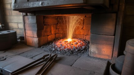 Blacksmith forge with glowing hot coals and sparks
