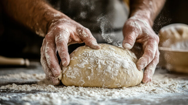 Baking bread dough being kneaded on a floured surface, hands on transparent background