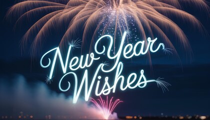 New Year Wishes neon text with sparkling fireworks display at night, celebrating new beginnings and festive holidays.