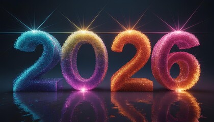 Vibrant 2026 Numbers Sparkle with Glowing Light Rays and Water Reflection, Perfect for New Year Celebrations