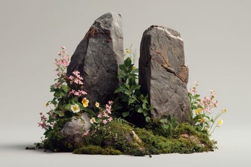 Rocas con flores silvestres en primer plano, Mockup para marca de cosm&eacute;tica natural, Imagen para editorial de jardiner&iacute;a, Composici&oacute;n minimalista con elementos naturales