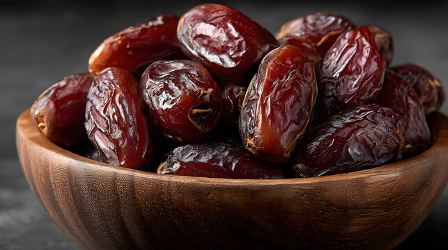Dates in a wooden bowl on a gray background, close-up