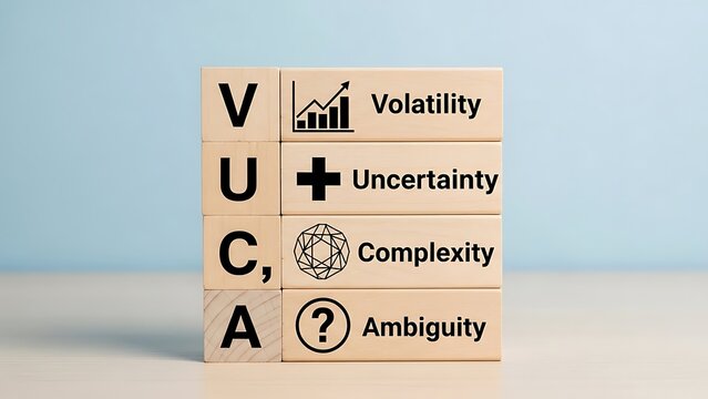 Vuca concept with volatility uncertainty complexity and ambiguity on wooden blocks