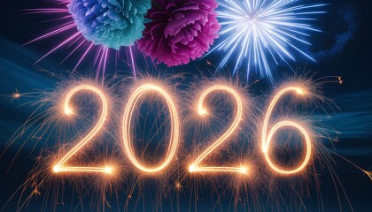Happy New Year 2026 written with bright sparklers, complemented by colorful fireworks and festive floral elements, against a dark night sky background.